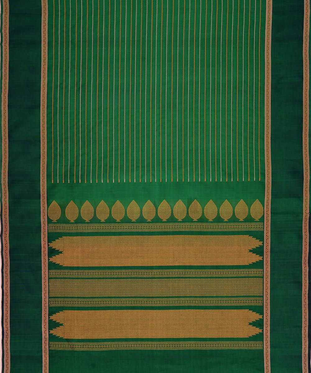 Bottle green kanjivaram silk cotton thread work veldhari stripe saree