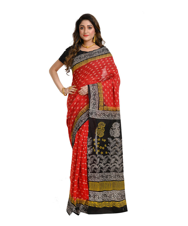 Red and black hand block print cotton bengal saree