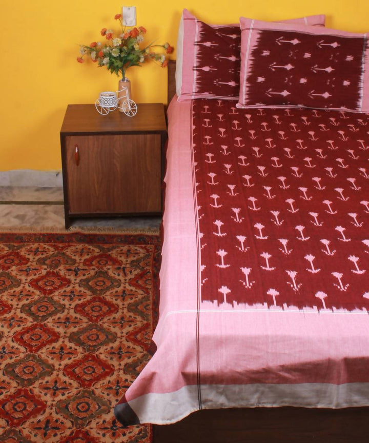 Maroon Handloom Ikat Double Cotton Bedsheet