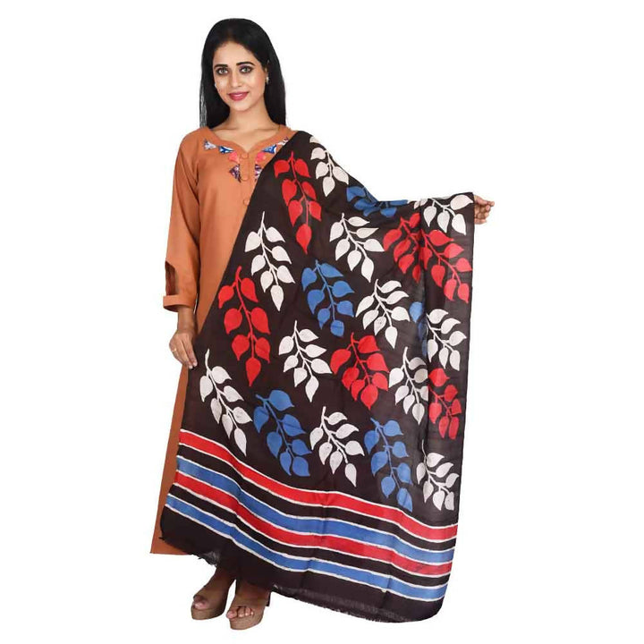 Black leaf motif batik hand dyed handwoven silk dupatta