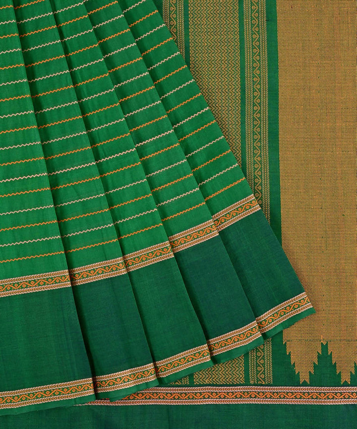 Bottle green kanjivaram silk cotton thread work veldhari stripe saree