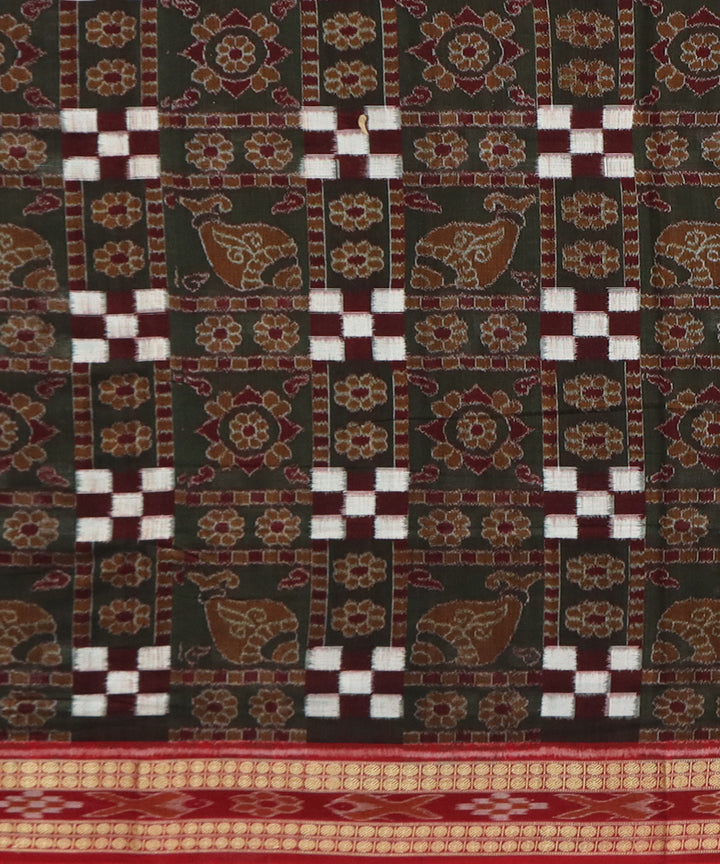 Dark green, brown, red cotton handwoven sambalpuri saree