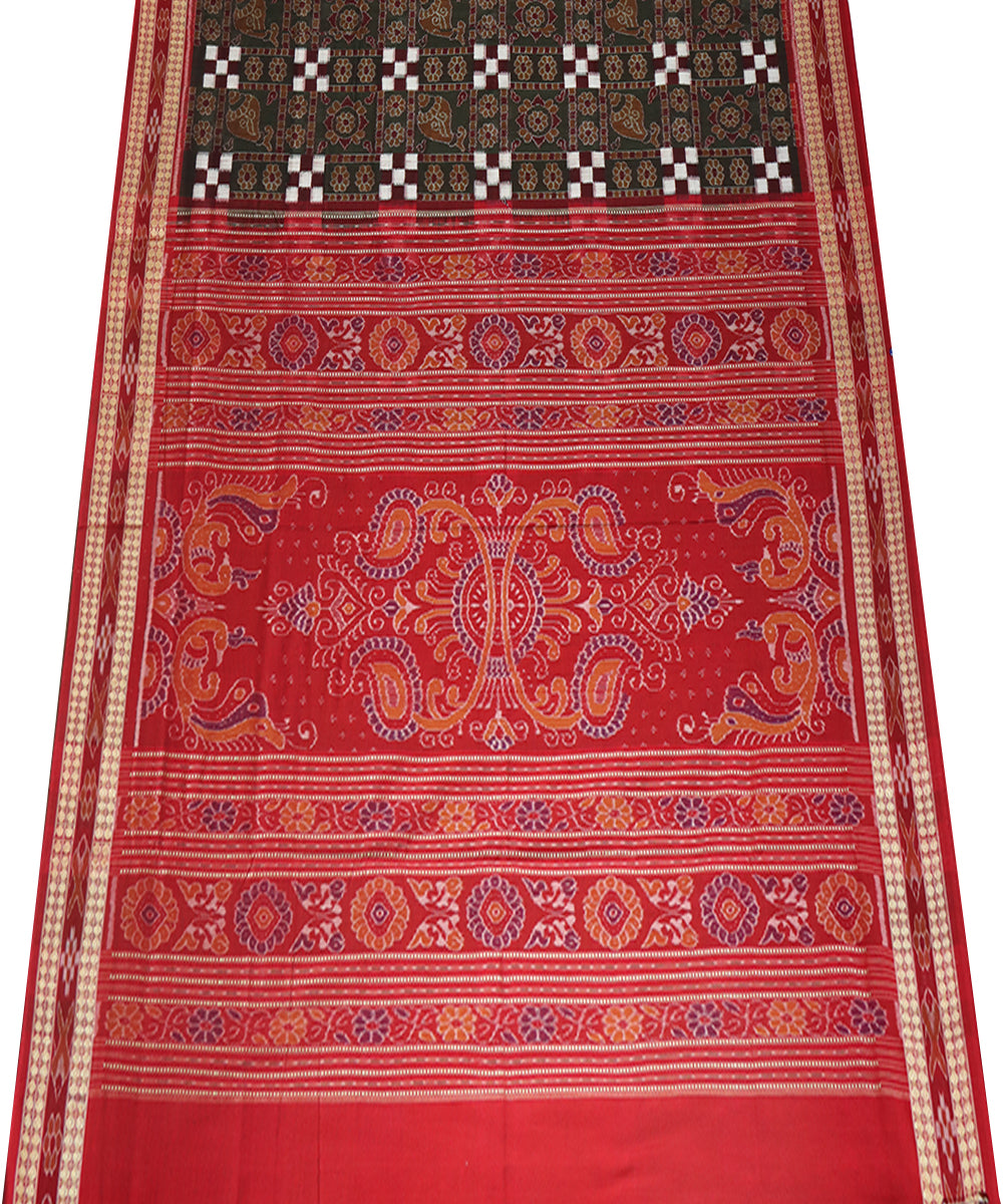 Dark green, brown, red cotton handwoven sambalpuri saree