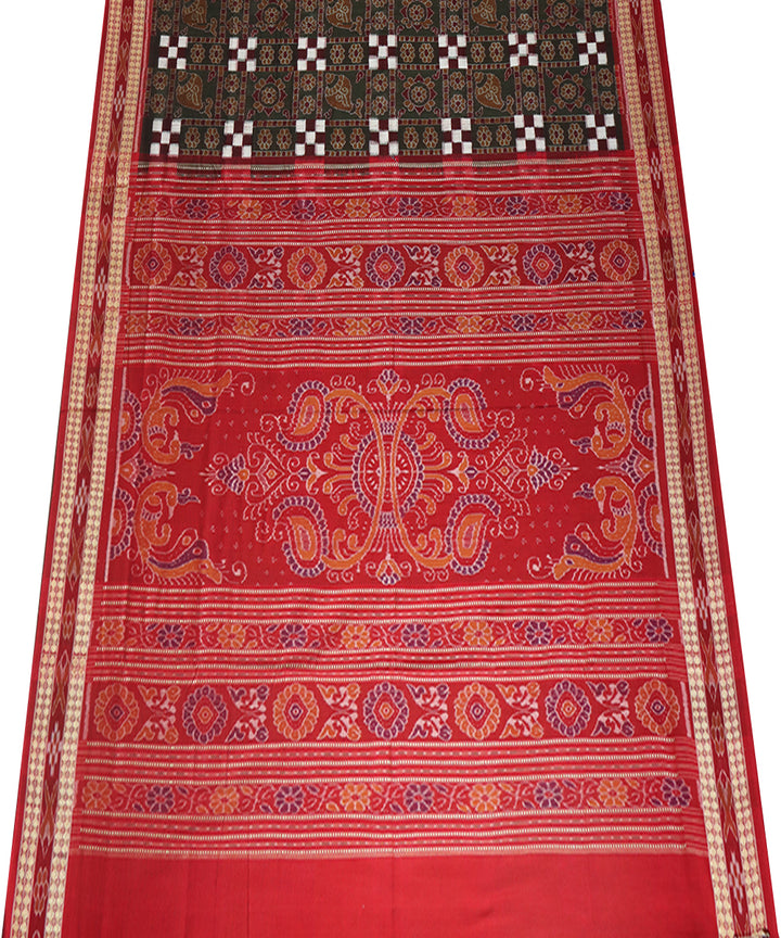 Dark green, brown, red cotton handwoven sambalpuri saree