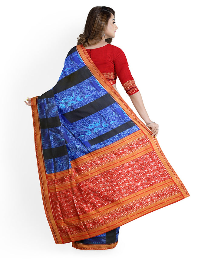 Navy blue ink blue red silk handwoven sambalpuri saree