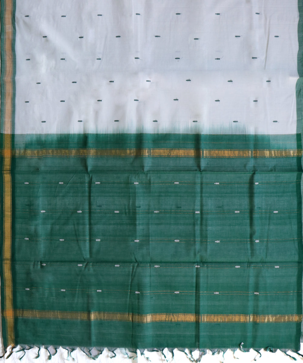 Off white and dark green handwoven cotton rajahmundry saree