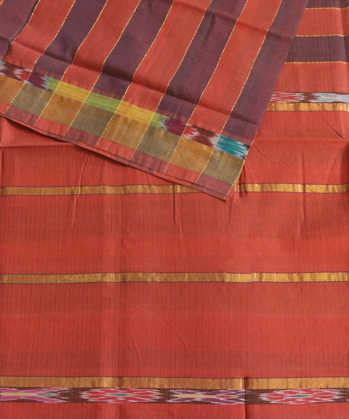 Brown red stripes handwoven cotton rajahmundry saree