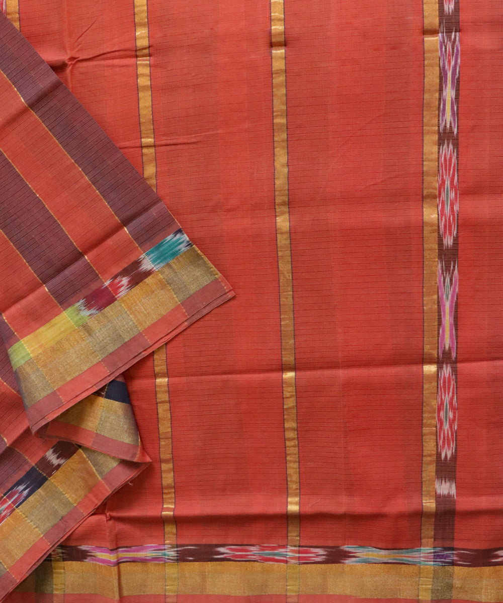 Brown red stripes handwoven cotton rajahmundry saree