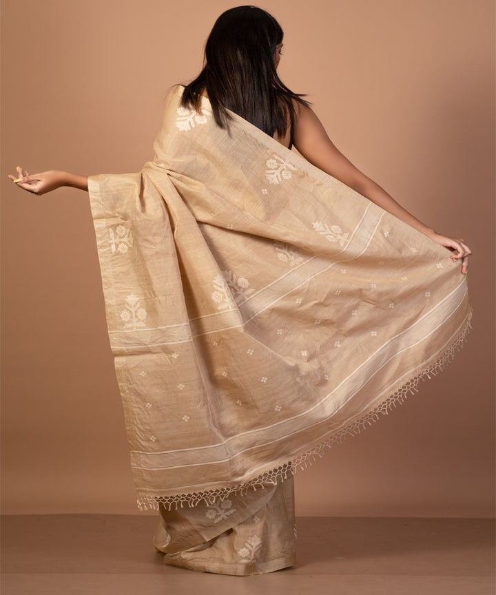 Beige handwoven tussar silk jamdani saree