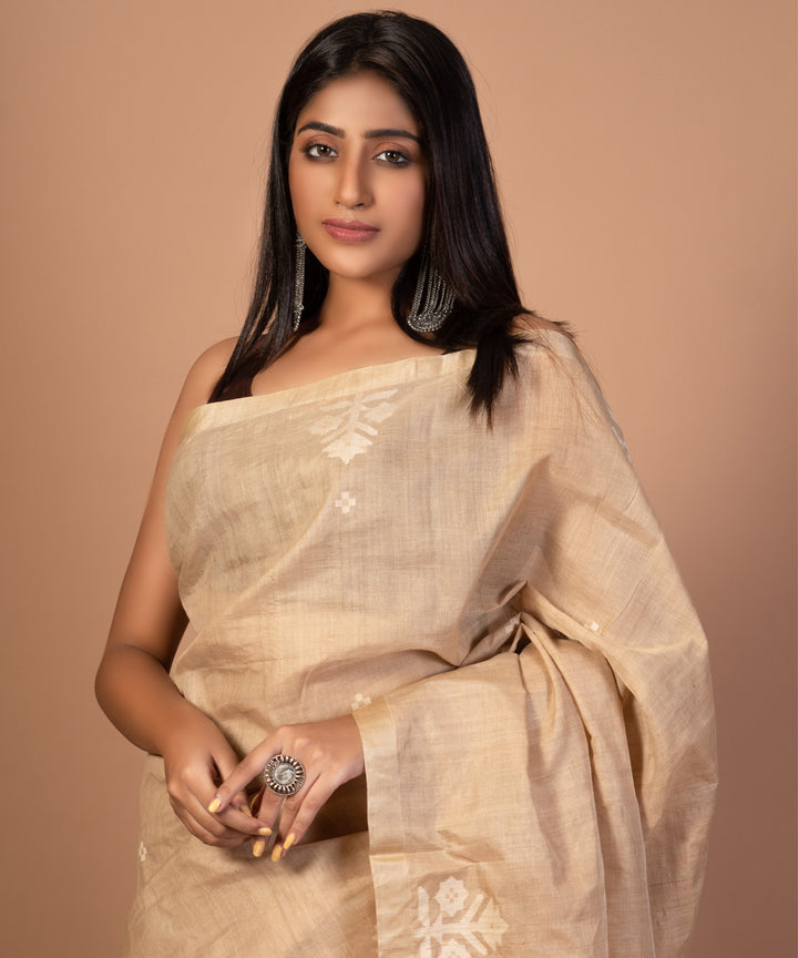 Beige handwoven tussar silk jamdani saree