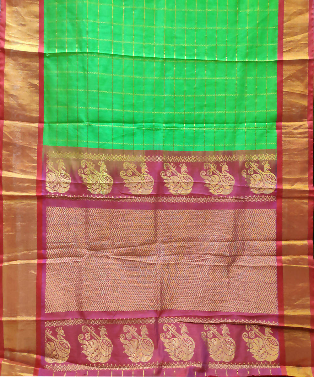parrot green checks handwoven venkatagiri cotton silk saree