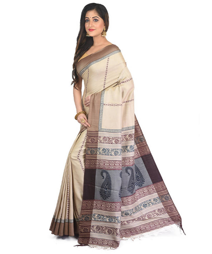 Beige brown handblock printed eri silk saree