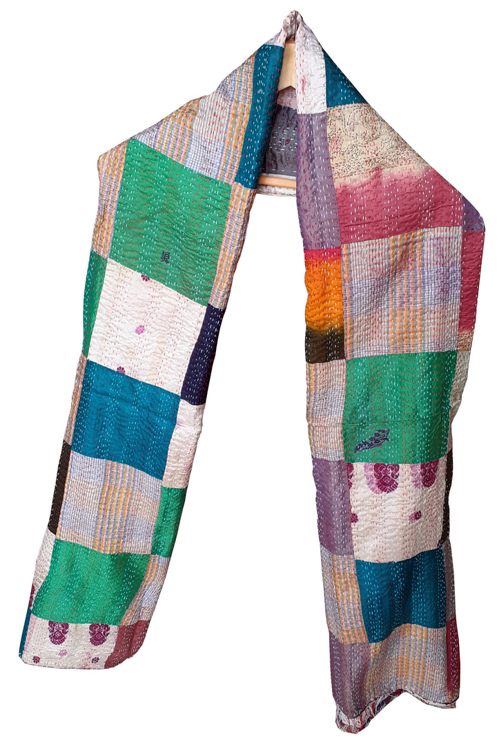Multi color hand stitched patchwork kantha silk shawl