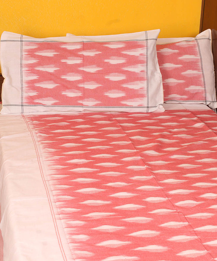 Pink and white cotton handwoven pochampally ikat bedsheet