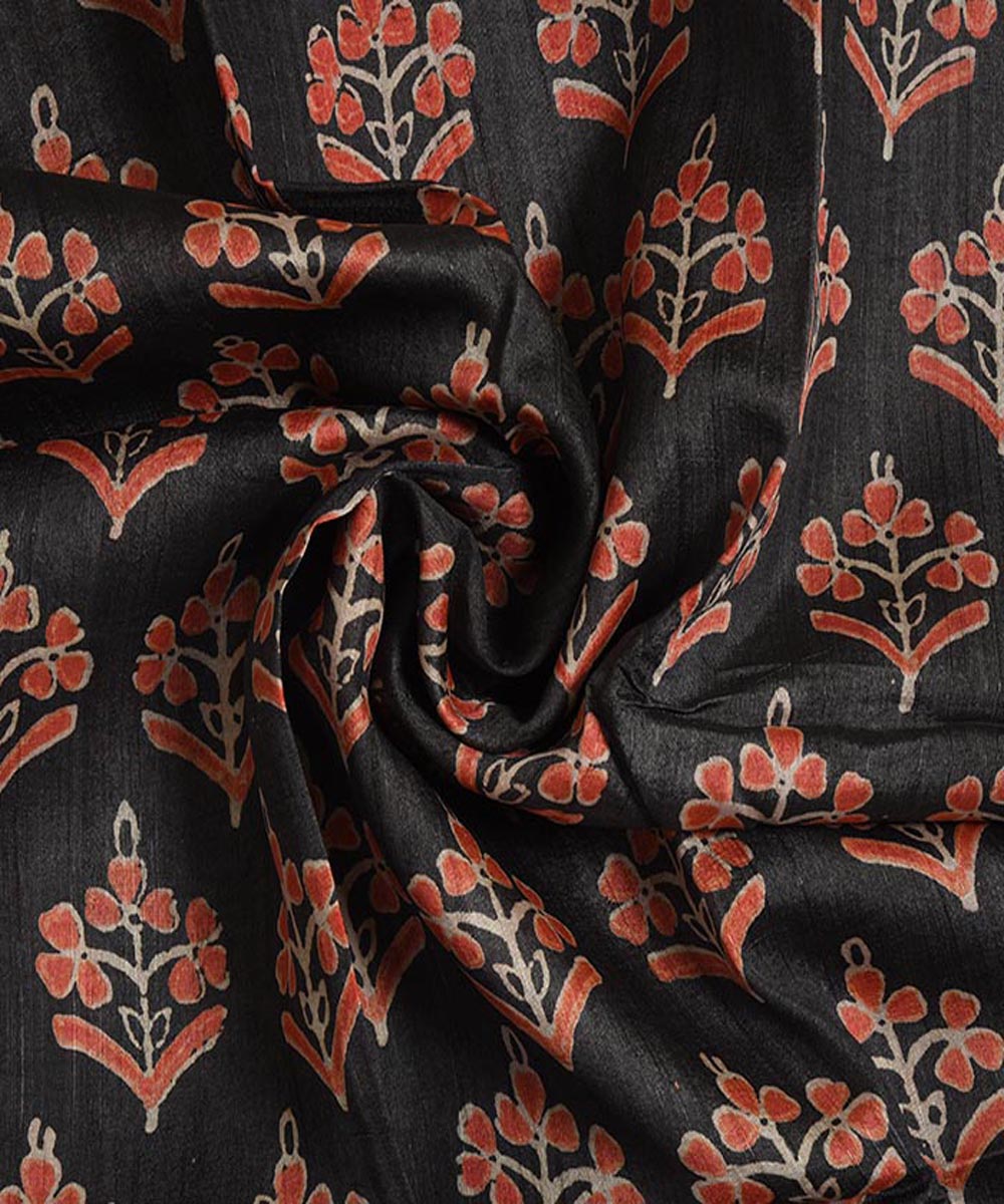 Black hand block printed tussar silk kurta material(2.5m per qty)