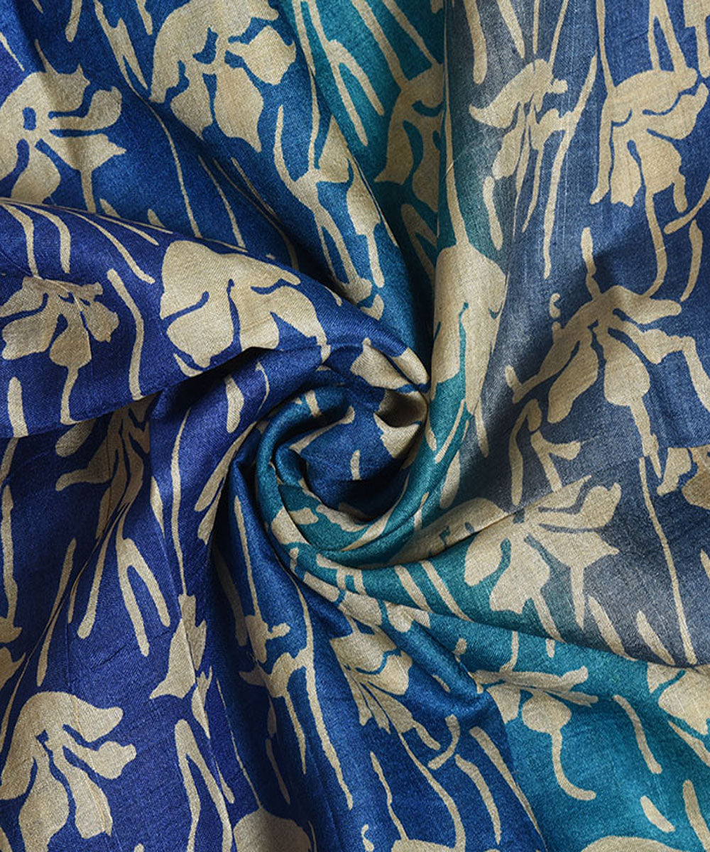 2.5m Blue handblock print tussar silk kurta material