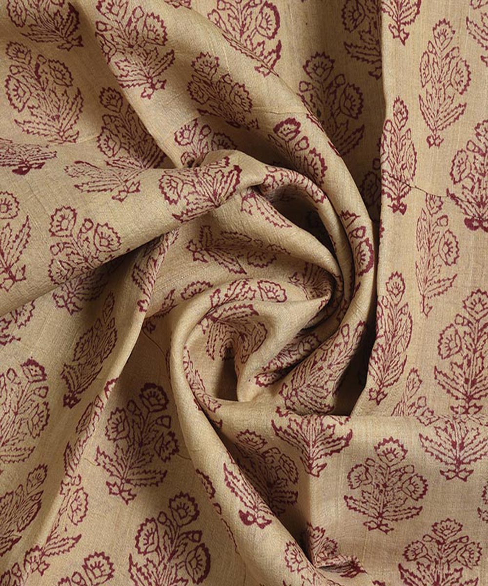 Beige hand block print tussar silk kurta material(2.5m per qty)