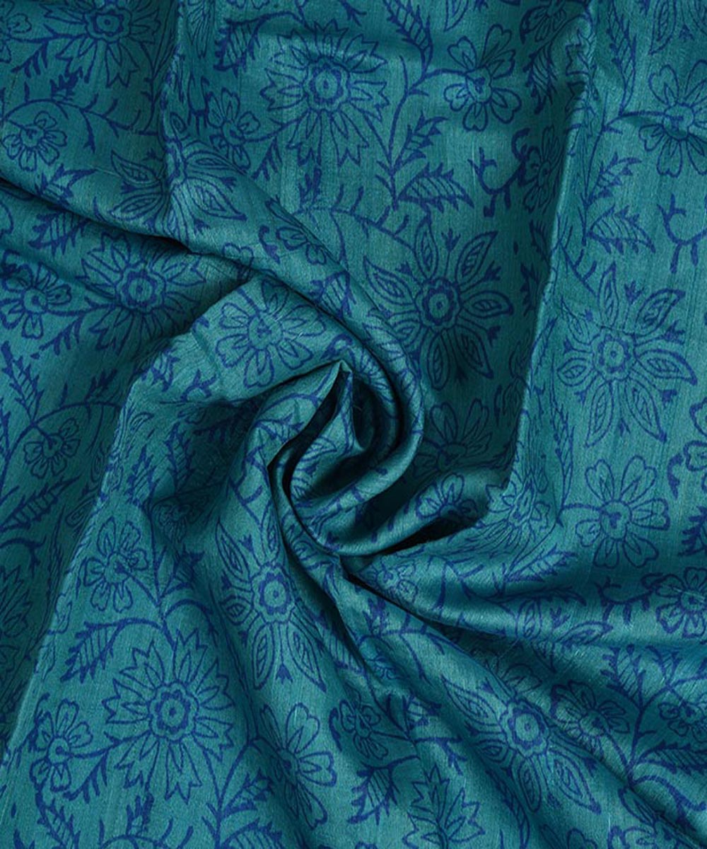 Blue hand block print tussar silk kurta material(2.5m per qty)