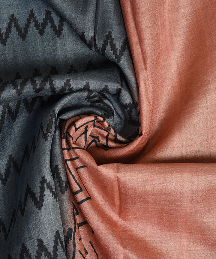 Grey peach handblock print tussar silk kurta material(2.5m per qty)