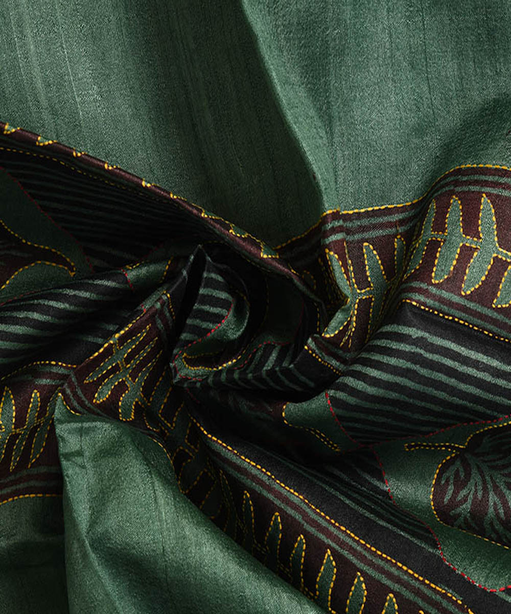 Olive green handblock print tussar silk kurta material(2.5m per qty)
