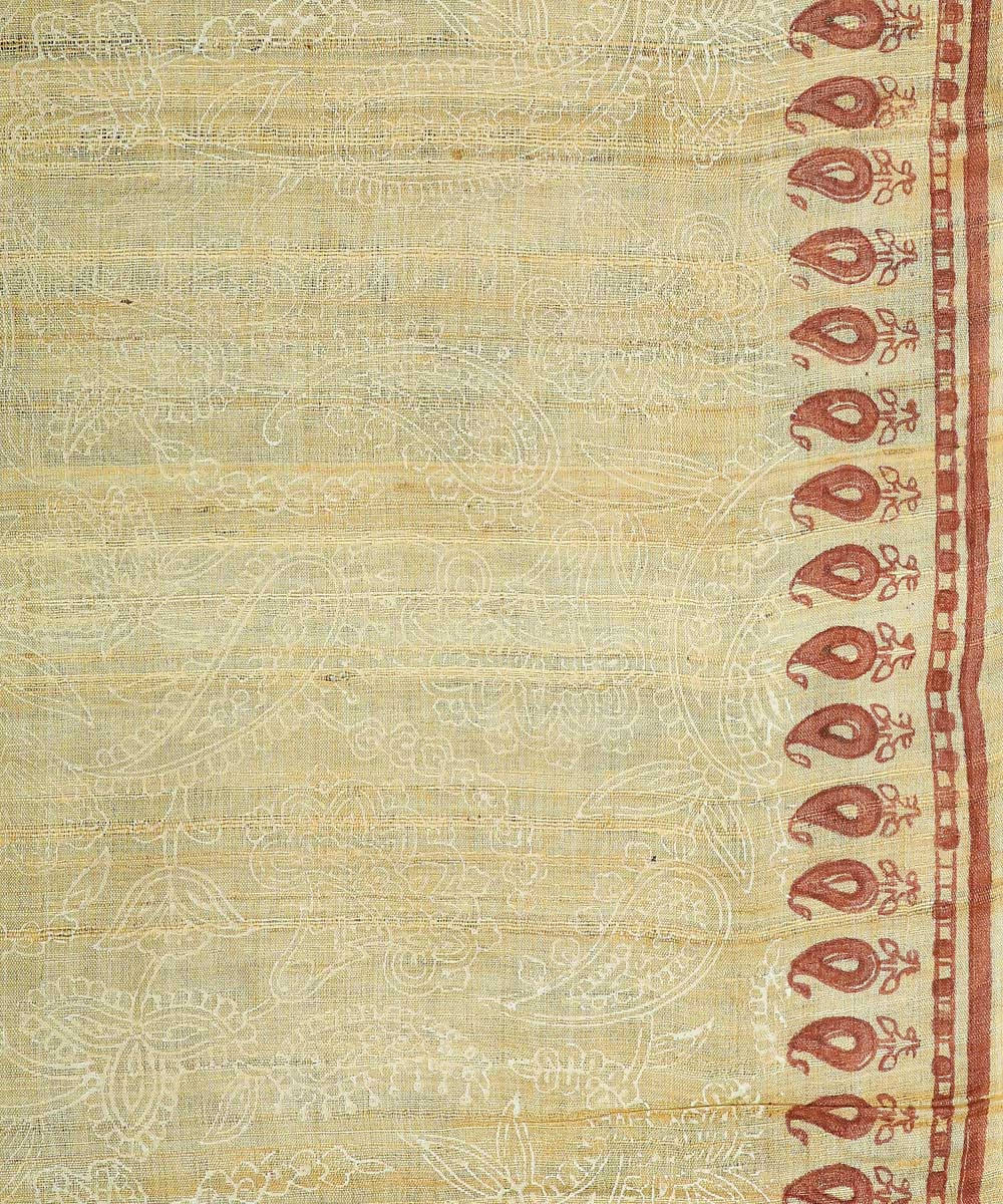 Kiara crafts beige handwoven hand block print tussar silk saree