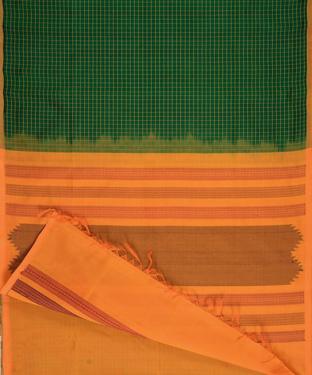 Bottle green kanjivaram silk cotton thread work checks saree