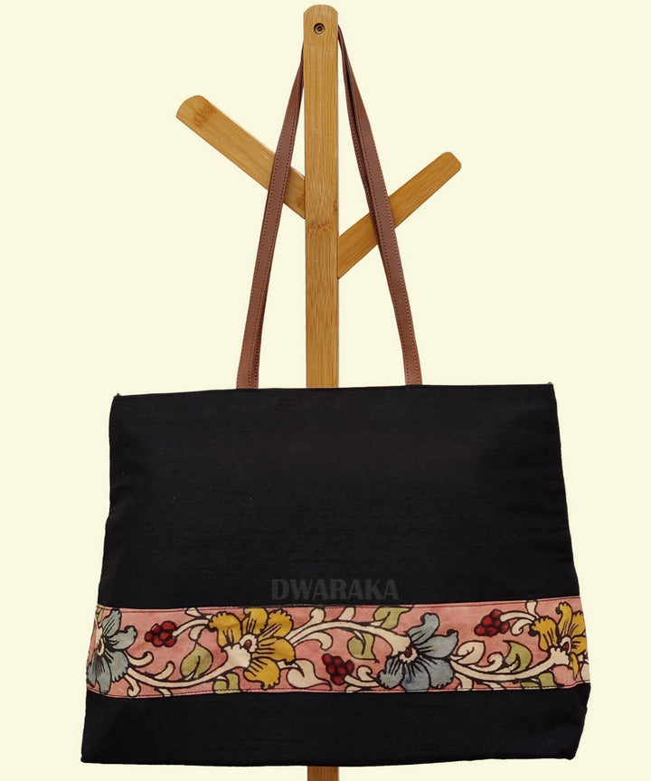 Black hand painted kalamkari cotton silk tote bag