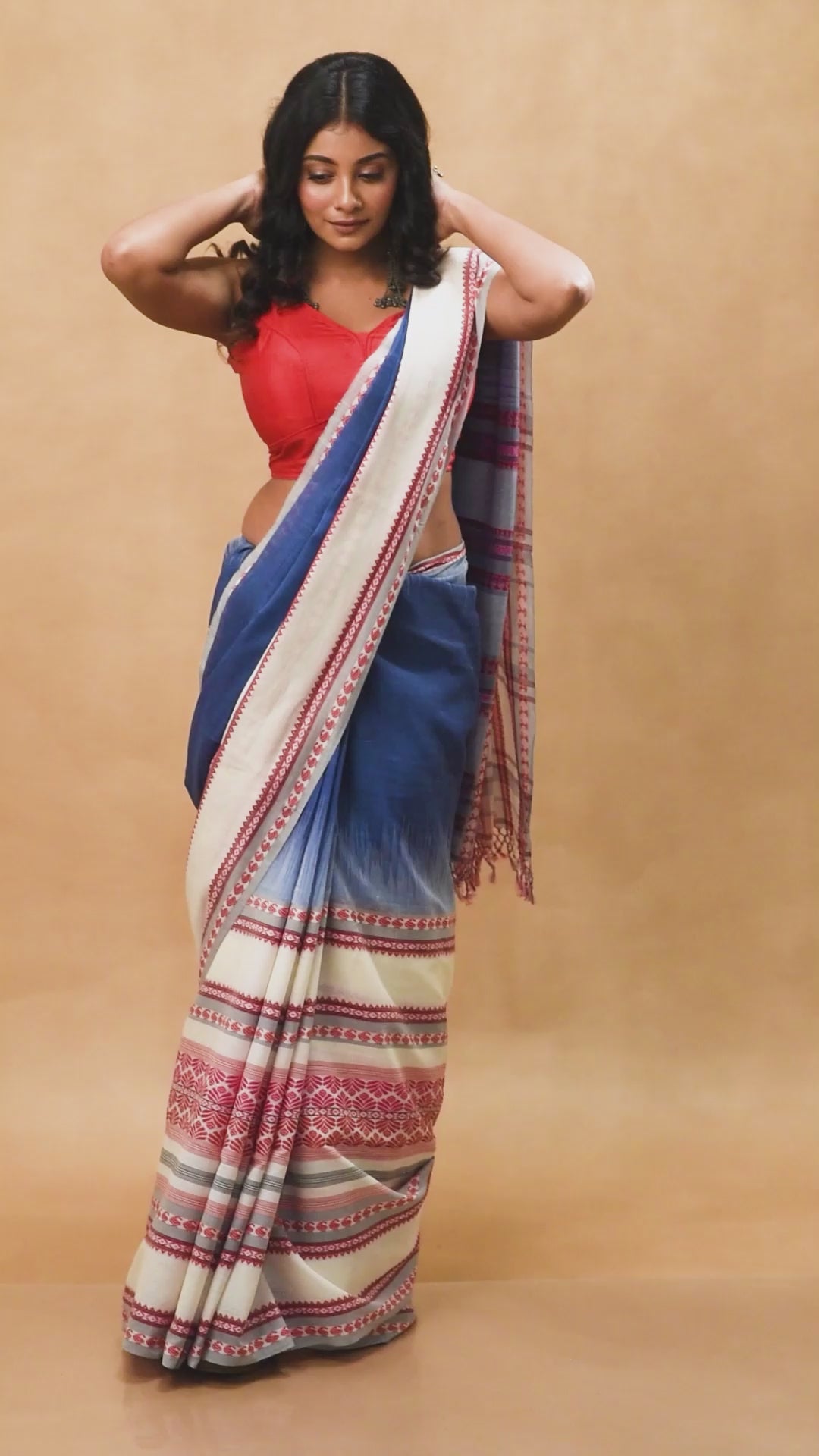 Indigo blue handwoven cotton jamdani saree