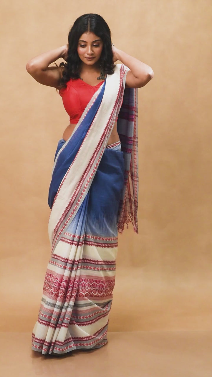 Indigo blue handwoven cotton jamdani saree