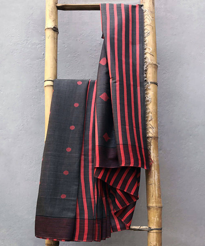 Black red handwoven extra weft cotton silk Saree