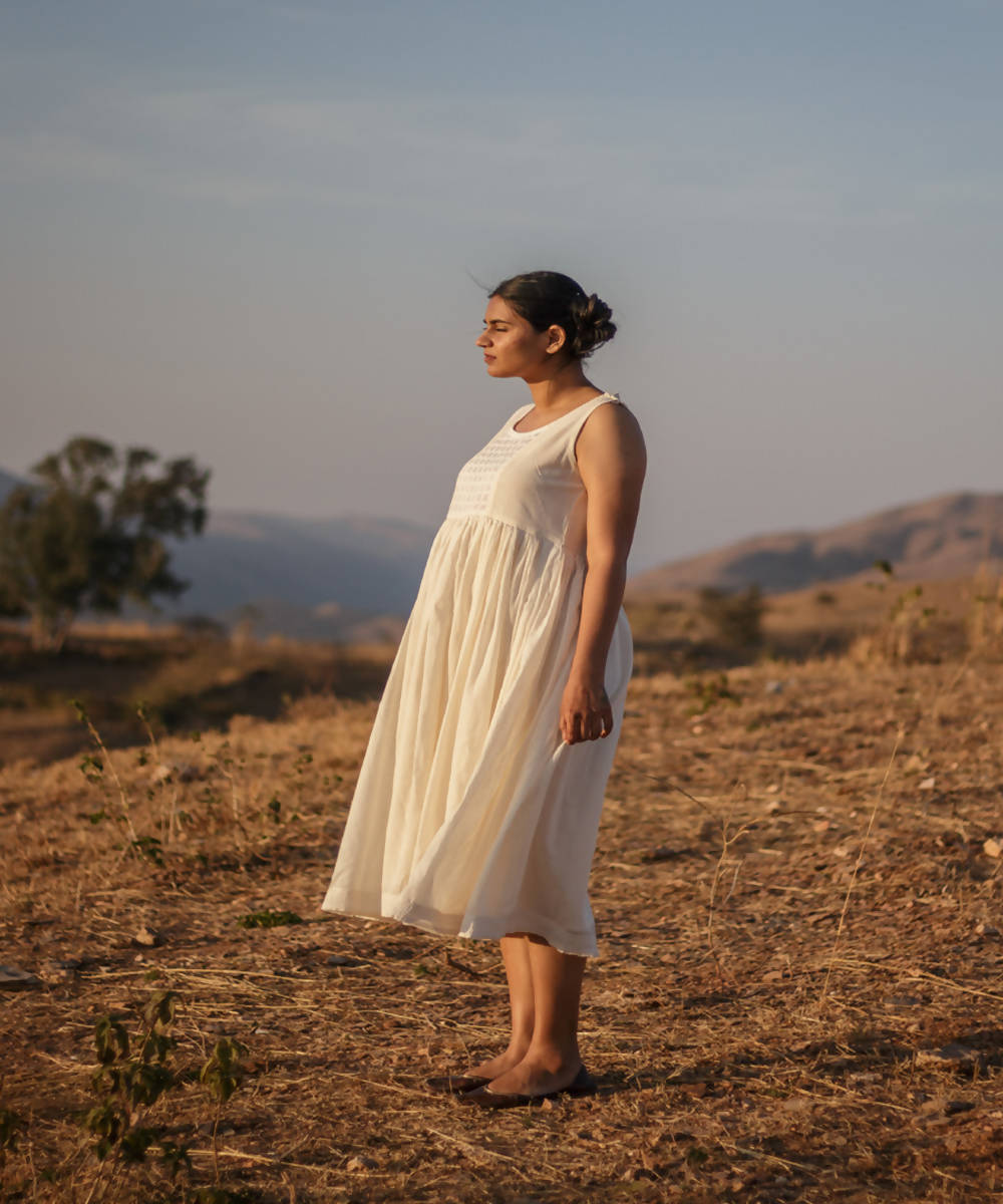 Cream white flaired cutwork kediya kora handcrafted cotton dress