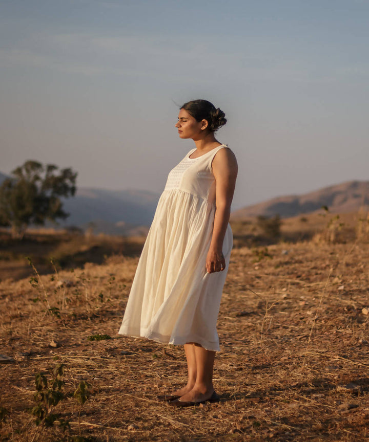 Cream white flaired cutwork kediya kora handcrafted cotton dress