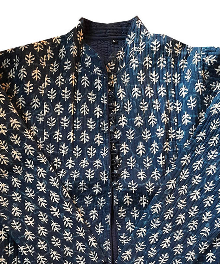 Indigo blue handblock printed cotton quilted long jacket