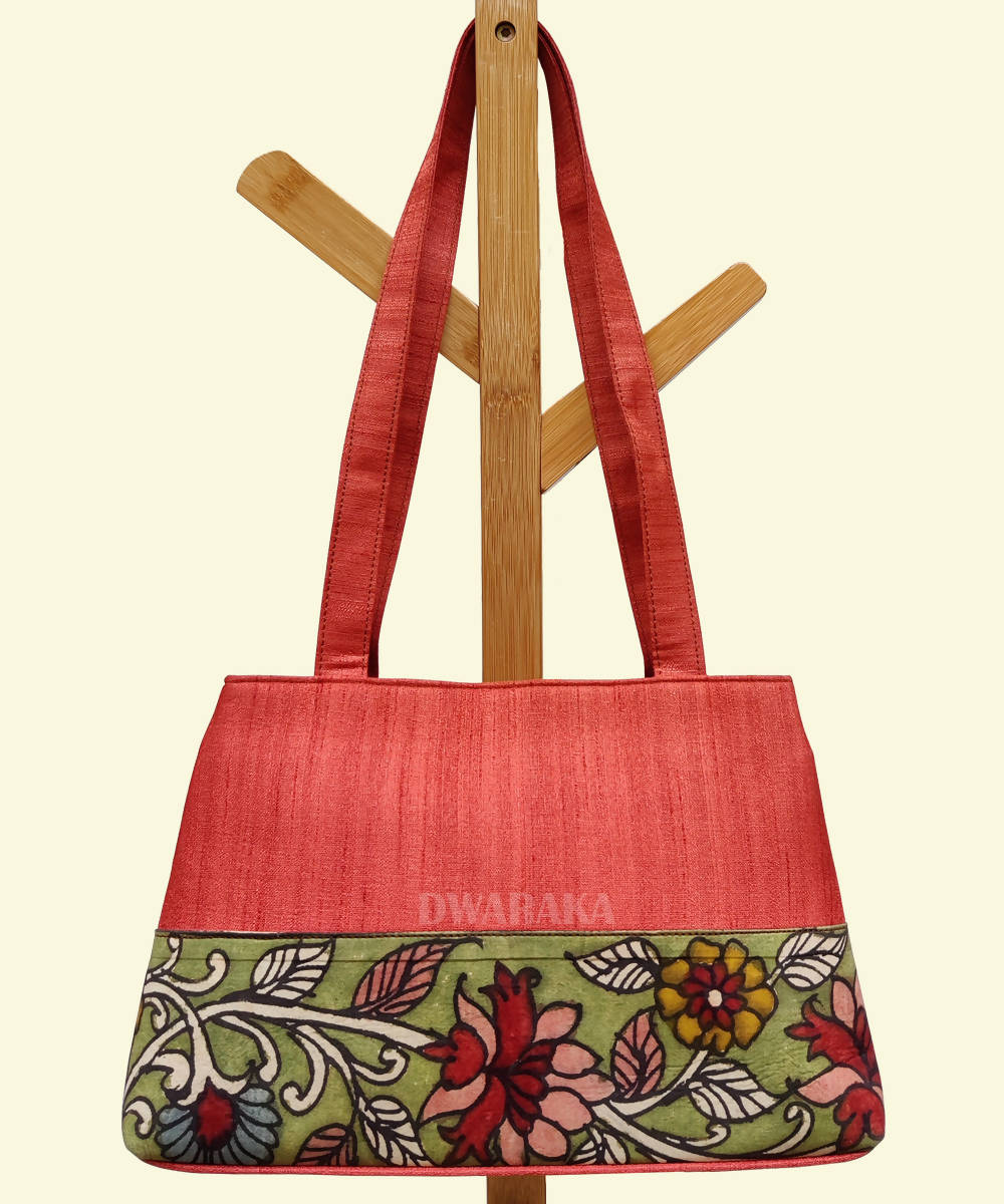 Orange hand painted kalamkari ghicha silk handbag