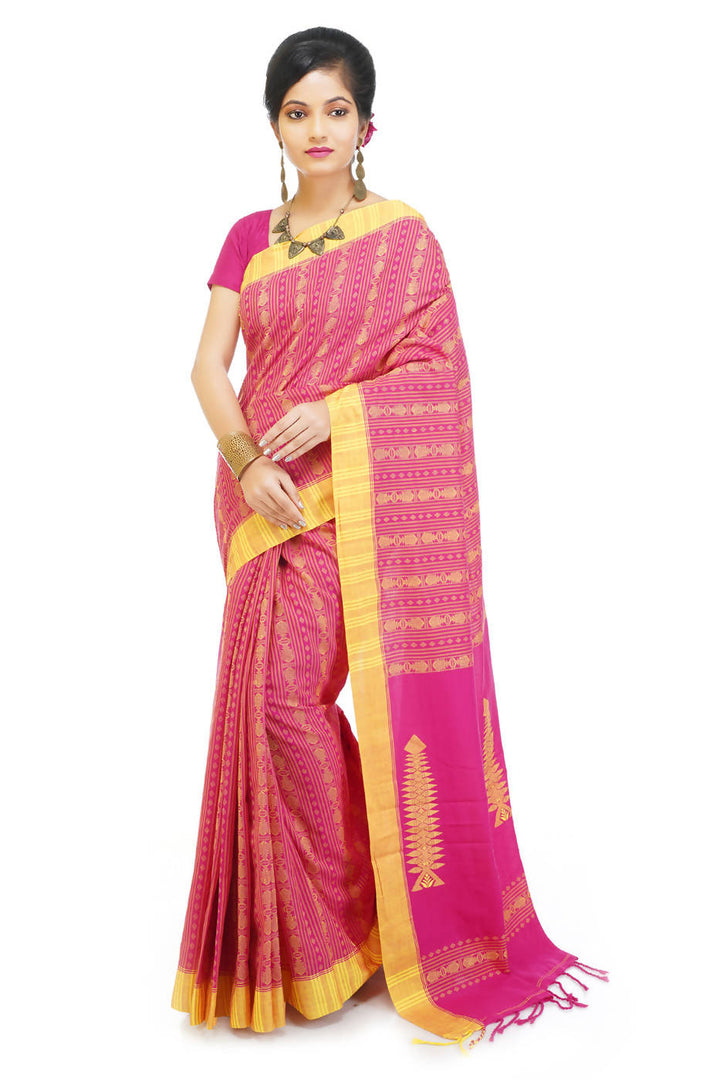 Handloom bengal pink yellow cotton saree