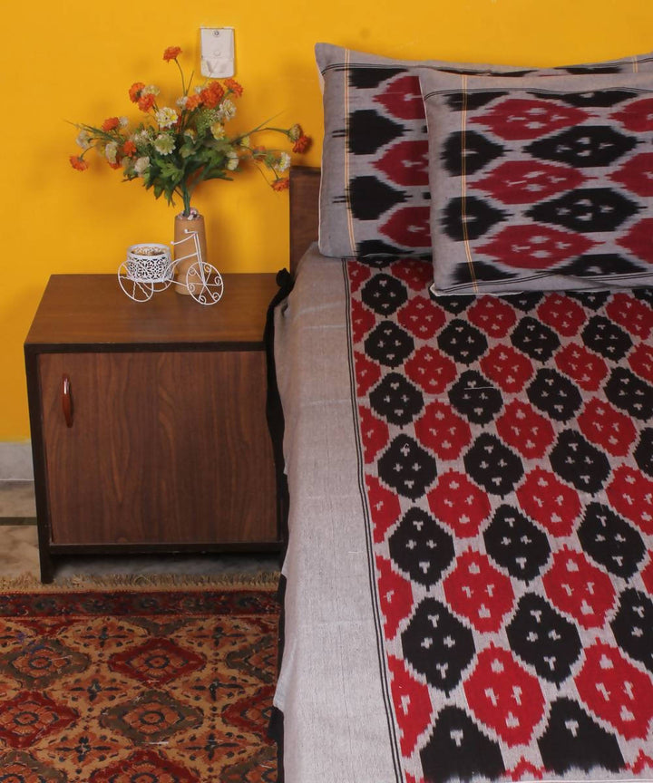 Red Black Handloom Ikkat Cotton Bedsheet