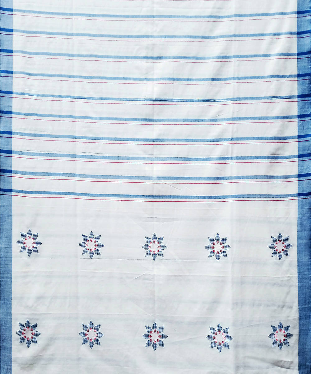 White blue handwoven cotton baavanbuti saree