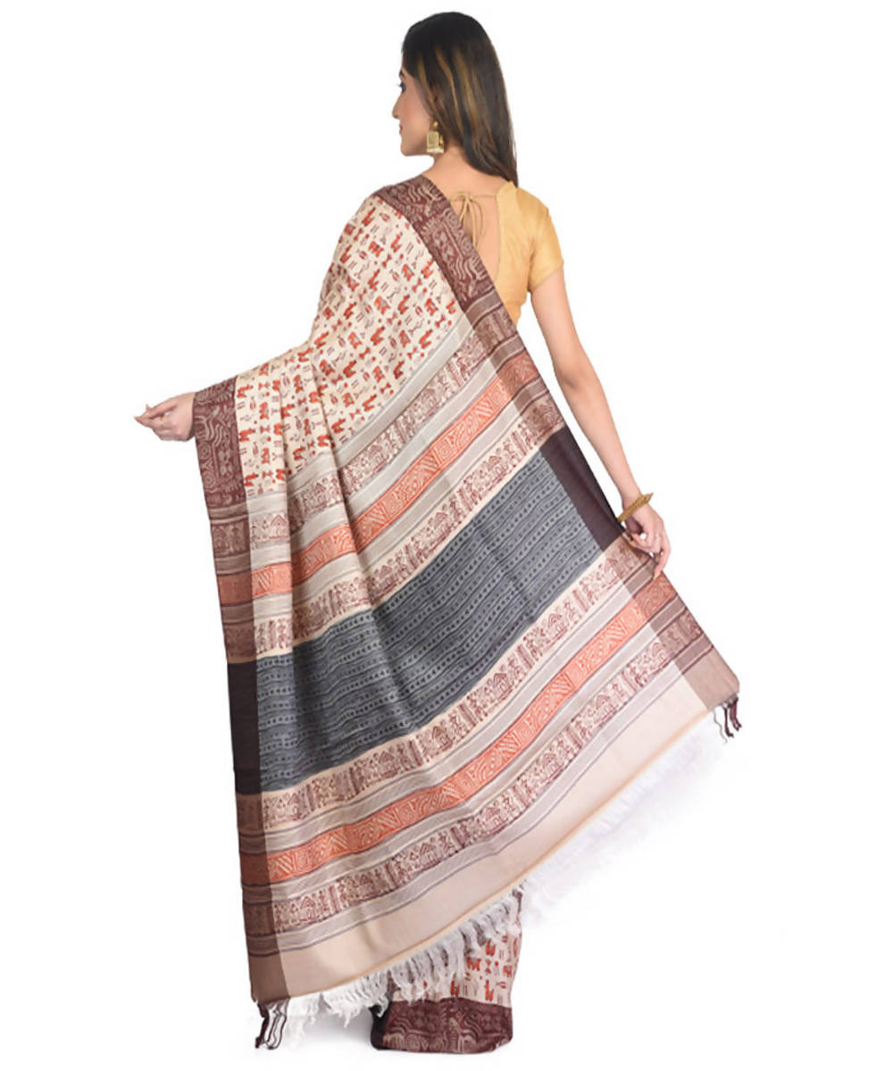 Beige handblock printed eri silk saree