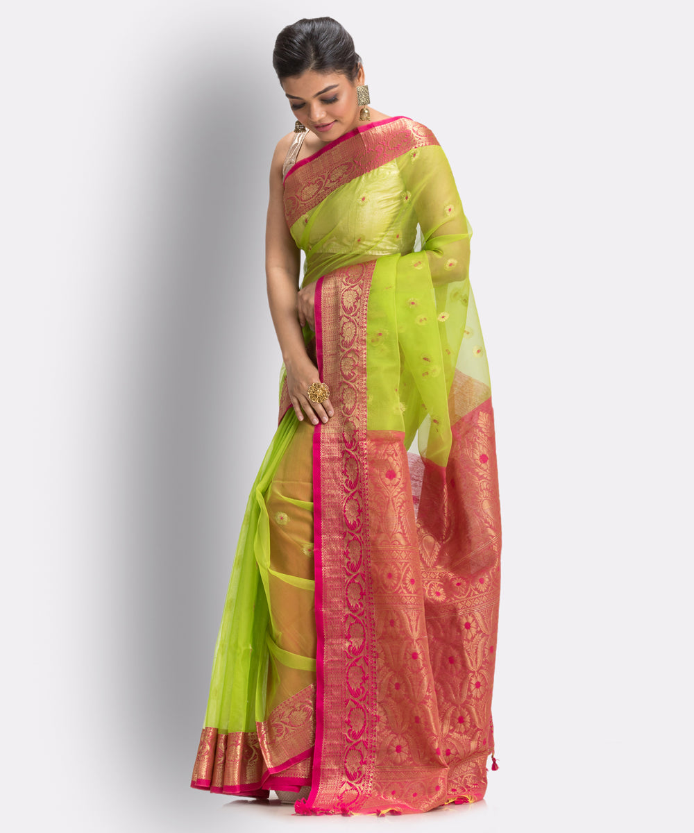 Lime Green bengal Handwoven Silk Tangail Saree