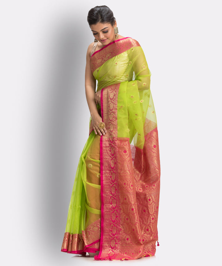 Lime Green bengal Handwoven Silk Tangail Saree