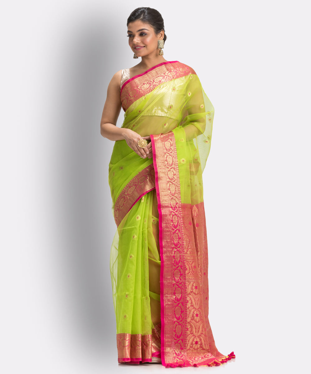 Lime Green bengal Handwoven Silk Tangail Saree