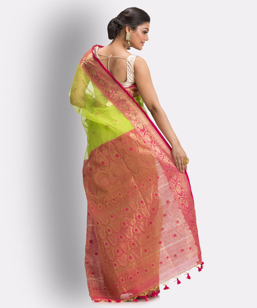 Lime Green bengal Handwoven Silk Tangail Saree