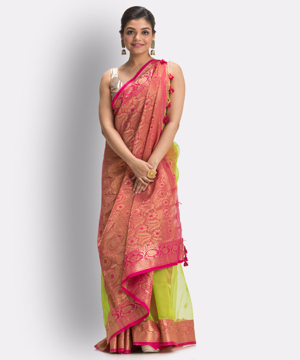 Lime Green bengal Handwoven Silk Tangail Saree