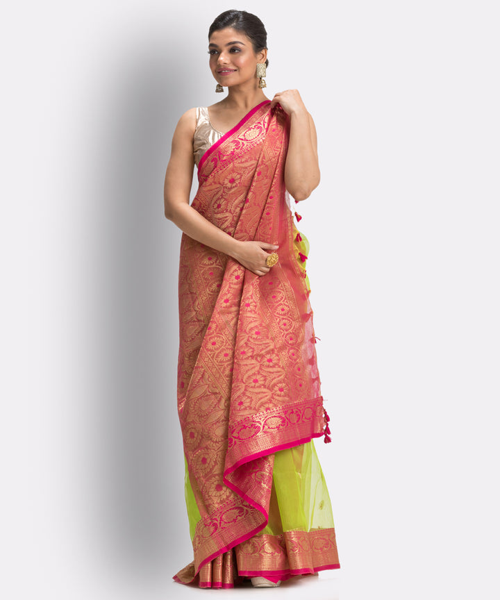 Lime Green bengal Handwoven Silk Tangail Saree