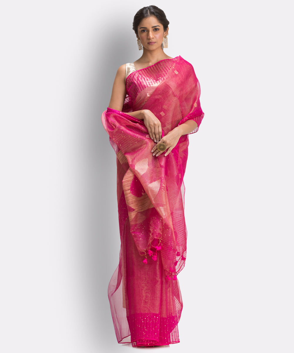 Pink Rani bengal Handwoven Silk Jamdani Saree
