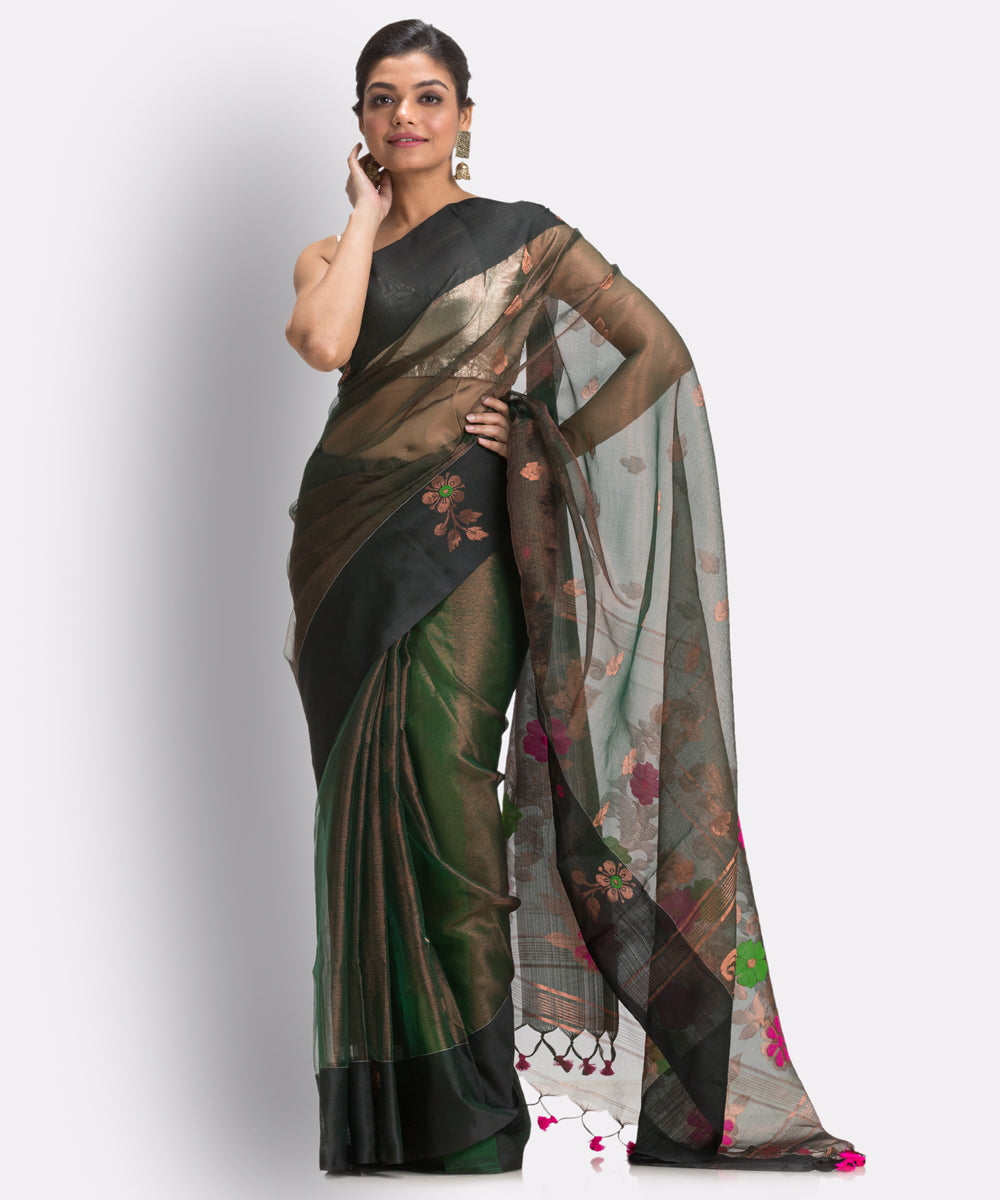 Black Copper bengal Handwoven Silk Jamdani Saree