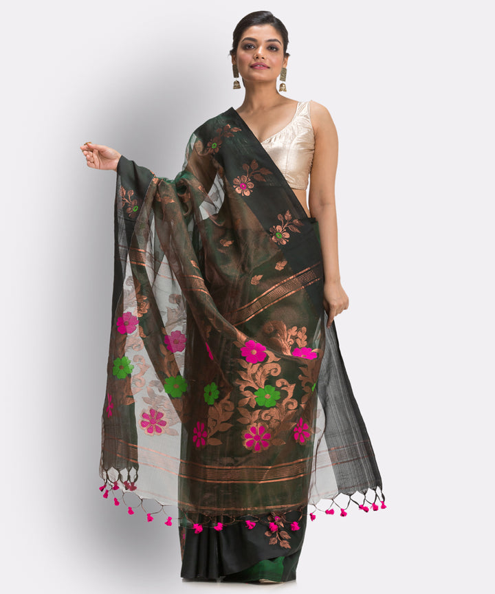 Black Copper bengal Handwoven Silk Jamdani Saree