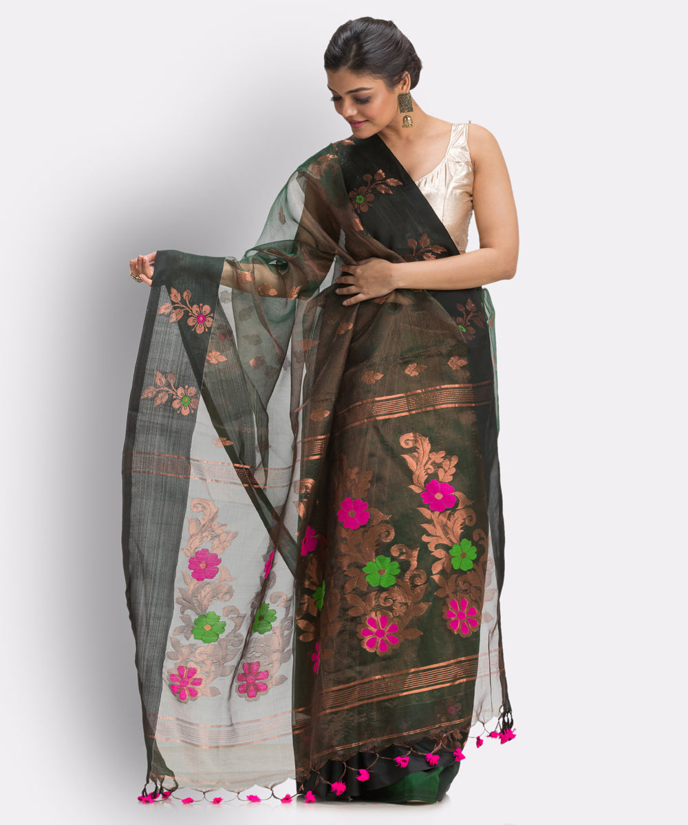 Black Copper bengal Handwoven Silk Jamdani Saree