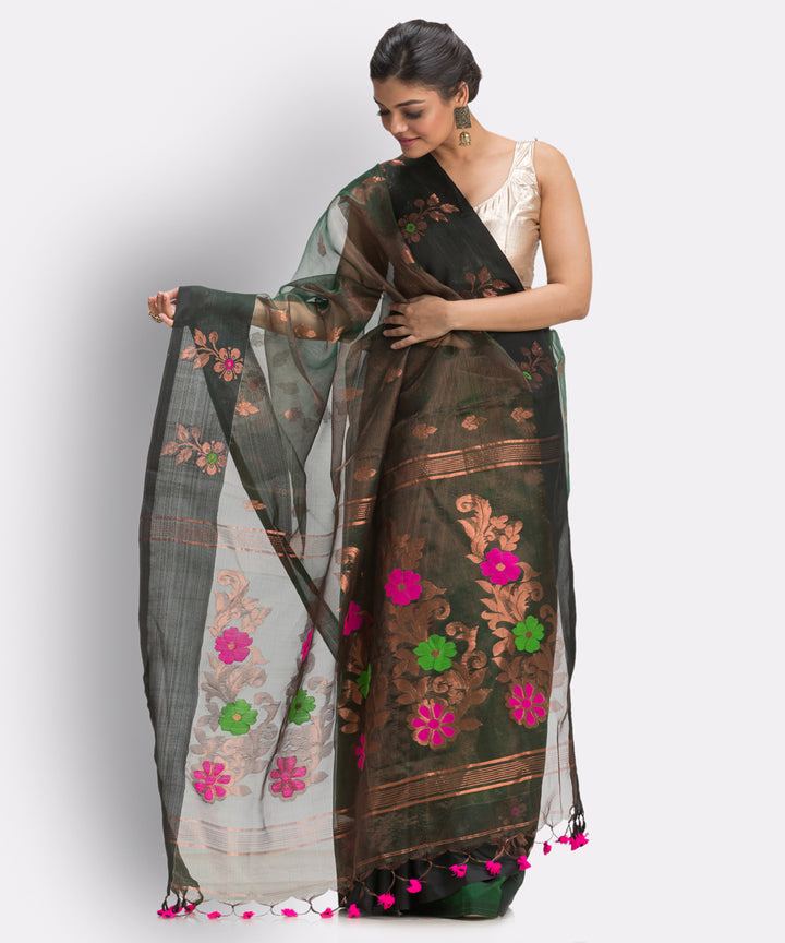 Black Copper bengal Handwoven Silk Jamdani Saree