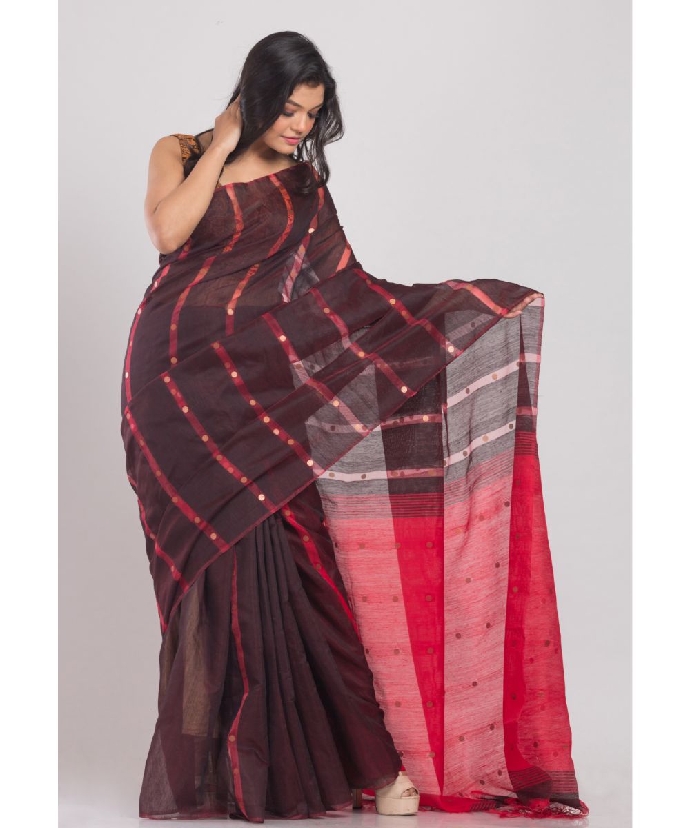 Brown red handwoven bengal cotton silk saree